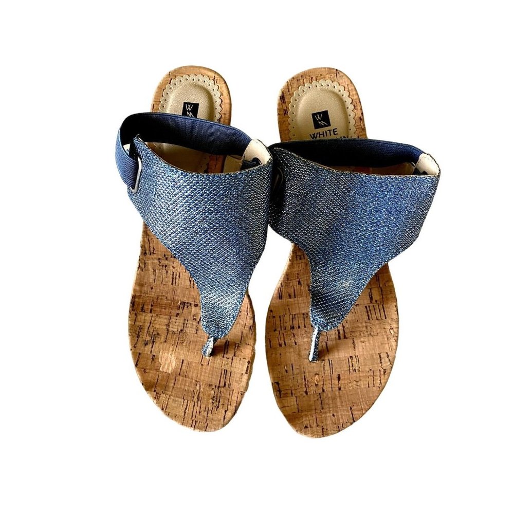 White Mountain Women's Blue Glitter thong sandals cork wedge heel Size 7M